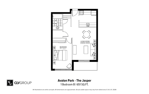 Floor plan for 1 bed, 1 bath, 651 sqft